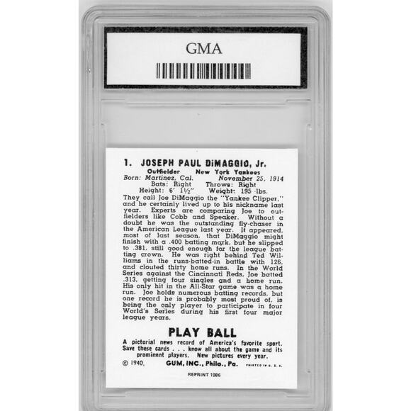 1940 Playball Reprint # 1 Joe Di Maggio -- New York Yankees GMA 10 - Picture 2 of 2